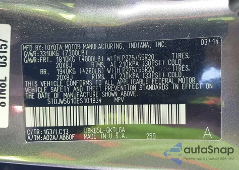 2014 Toyota Sequoia Limited 5.7L V8 from USA, damaged, VIN 5TDJW5G10ES101834